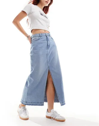 Jacqueline de Yong split front denim maxi skirt in light wash blue