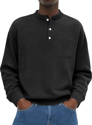 Generic Mens Waffle Henley Long Sleeve Long Sleeve Henley Shirts for Men Front Pocket 3 Button V Neck Pullover Waffle Knit Thermal Fahion Casual Tee Shirt Bla