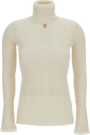 Elisabetta Franchi White Ribbed Stretch Turtleneck Sweater