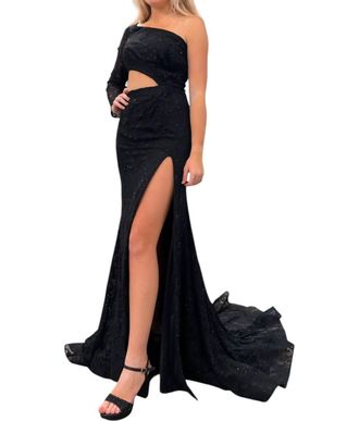 Sherri Hill Laced Up One Shoulder Gown In Black