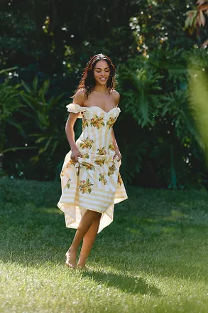 Farm Rio Lemon Birds 100% Cotton Off-Shoulder Midi Dress