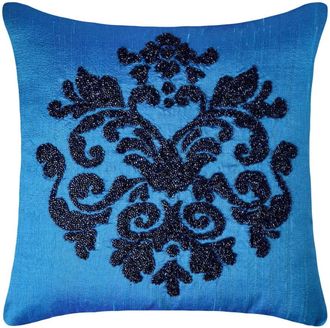 OEM Funda De Almohada Personalizada, Azul, 35 X 35 Cm (14 X 14 Pulgadas), Funda De Almohada De Seda Con Cuentas, Estampado Damasco De Estilo Moderno - Sed
