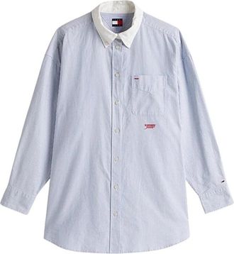 Tommy Jeans Oversized Contrast Stripe Shirt - Dames - Overhemden - Blauw - S - Katoen - Overhemden