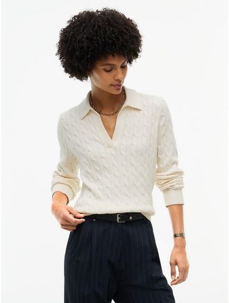 Tommy Hilfiger Womens Open Placket Cable Knit Sweater Polo - Rich Cream - XXL