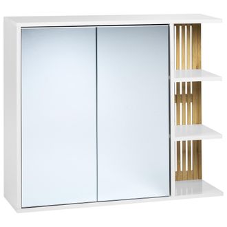 Beliani Armario De Ba&ntilde;o Montado Con Espejo De Bamb&uacute; Mdf Estantes De Almacenaje Muebles De Ba&ntilde;o Blanco Y Madera Clara Nubes