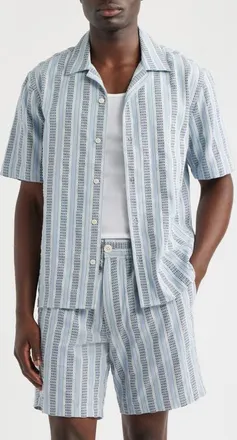 Wax London Didcot Stripe Cotton Dobby Camp Shirt in Blue at Nordstrom, Size Xx-Large