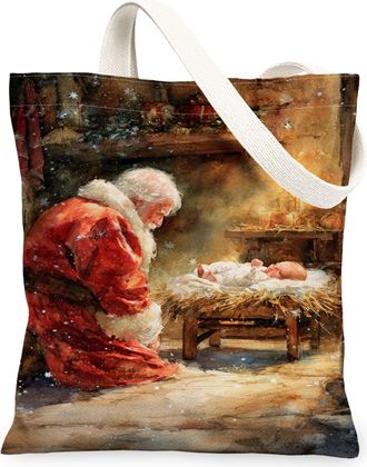 Generic Christmas Santa Canvas Tote Bags, Holiday Art Pattern Reusable Grocery Bags, Vintage Lightweight Washable Shoulder Strap Ca, Red, 13x15 Inch