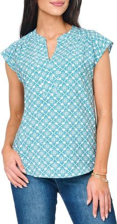 Gibsonlook Split Neck Cap Sleeve High-Low Top in Teal Leaf Tile at Nordstrom, Size Xx-Large