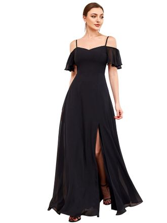 Ever-pretty Womens Ruffles One Shoulder Short Sleeve Empire Waist A Line Chiffon Long Mother of The Bride Dresses with Side Slit Black 22UK