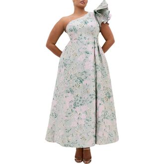 City Chic Enchanting Metallic Puff Sleeve One-Shoulder Gown in Secret Garden at Nordstrom, Size Xxxs