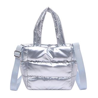 Generic Woman Puffy Lightweight Handbag Large Capacity Soft Pad Cotton Tote Adjustable Strap Quilted Shoulder Bag Travel Bag (Silver)