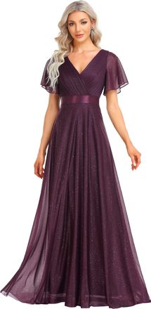 Ever-pretty Cocktail Dress Long Empire Waist V-Neck Short Sleeve Classic A Line for Bridesmaid Dark Purple 08