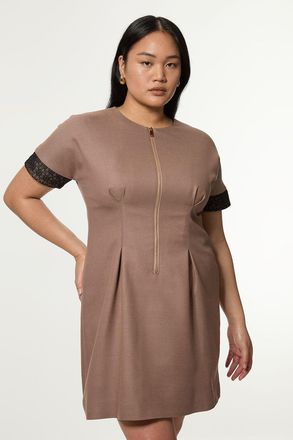 Karen Millen Womens Plus Size Tailored Twill Lace Mix Zip Front Mini Dress - Taupe - Size 20 UK