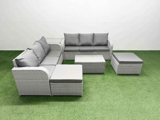 Fimous Outdoor Garden Furniture Sets 8 Seater Wicker Rattan Furniture Sofa Sets w/ Rectangular Coffee Table high Back Lounge Sofa 2 Big Footstool