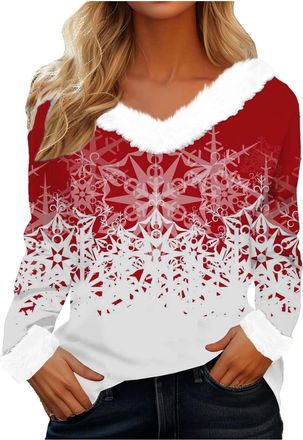 Generic Womens Christmas Sweatshirts Ladies Tops Xmas Jumpers Furry V Neck 3/4 Sleeve Shirts Xmas Tree Snowflake Wine Glasses Graphic Tees Casual Holiday Pull