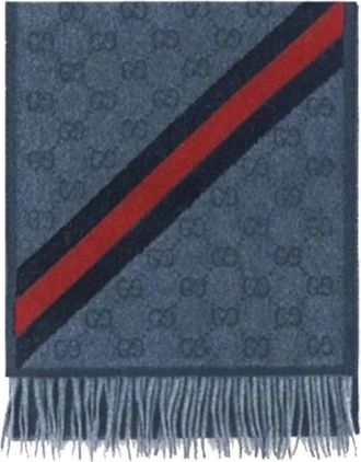 Gucci Pre-owned Scarves, female, Blue, Size: ONE SIZE Pre-owned GG Web Wool Scarf Midnight Blue
