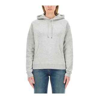 Saint Laurent Hoodies, female, Gray, Size: XS Embroidered Logo Cotton Hoodie