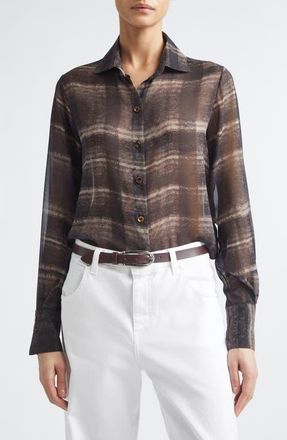 Eleventy Plaid Silk Button-Up Shirt in 05 Brown at Nordstrom, Size 52
