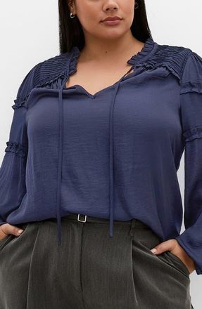 City Chic Ruffle Puff SleevePeasant Blouse in Navy at Nordstrom, Size Xs