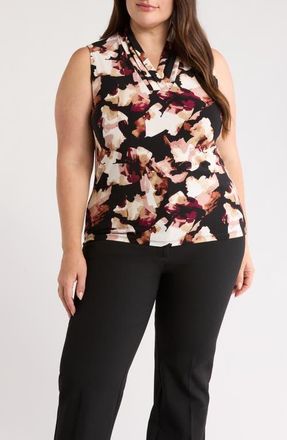Anne Klein Abstract Print Triple Pleat Sleeveless Top in Anne Black Multi at Nordstrom, Size 1X