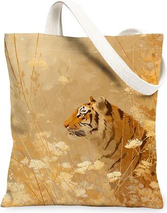 Generic Tiger Floral Canvas Tote Bags, Stylish Wildlife Flower Pattern Reusable Grocery Bags, Autumn Vintage Lightweight Washable C, Golden, 13x15 Inch
