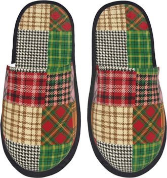 Generic Plush Cotton Slipper Checkered Patchwork House Slipper Lightweight Spa Slippers for Indoor Family Travel L
