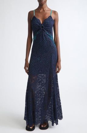Paco Rabanne Embroidered Stretch Lace Trumpet Dress in Deep Navy at Nordstrom, Size 42