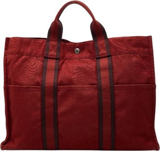 Herm&egrave;s Red Color Canvas Handbag Tote Bag (Pre-Owned)