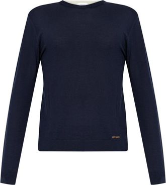Versace Geborduurde wollen trui met ronde hals - Heren - Ronde hals truien - Blauw - M - Wol - Truien & Vesten