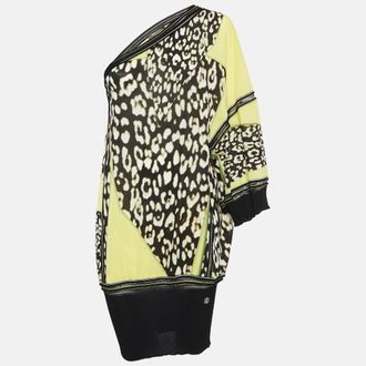 Roberto Cavalli Yellow Printed Silk One Shoulder Top M