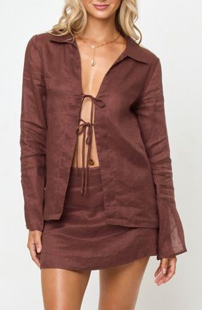 L*Space Venice Tie Front Linen Cover-Up Shirt in Cafe at Nordstrom, Size X-Small