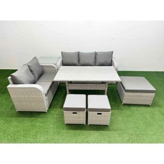 Fimous Fimous 8 Seater PE Rattan Wicker Garden Furniture Patio Conservatory Sofa Set with Rectangular Dining Table 3 Seater Sofa Love Sofa 3 Stool Side Table