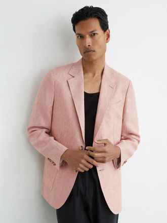Reiss Plum Pink Tailored Fit Linen-twill Single-breasted Blazer, 36