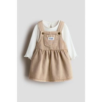 H&M 2-piece Dungaree Dress And Top Set in Beige/white at Nordstrom, Size 18M