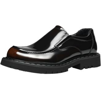 Generic Mens Patent Leather Platform Shoes Slip on Comfort Loafers Low Chunky Heel Office Dress Shoes,Brown,6.5 UK