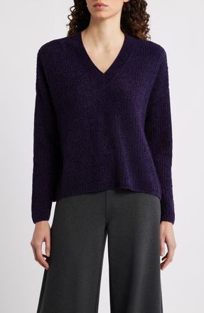 Eileen Fisher V-Neck Stretch Cotton Sweater in Aubergine at Nordstrom, Size Xx-Small