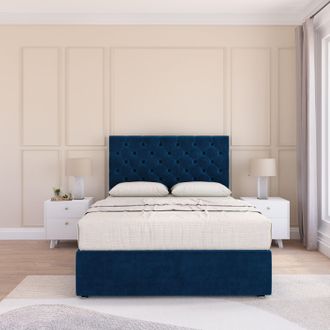 Sloomy Mayfair Plush Velvet Memory Foam Bed Set With No Drawers, Mattress & Headboard in Navy | Size: Small Single
