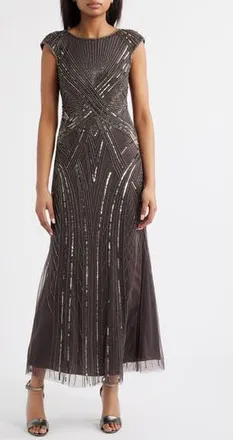 Pisarro Nights Embellished Cap Sleeve Gown in Ash at Nordstrom Rack, Size 16