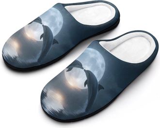 Generic Dolphins In Love Moon Funny Mens Cotton Slippers Soft Non-Slip Rubber Sole House Slipper Indoor Outdoor
