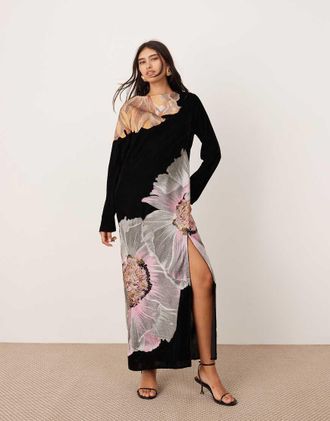 Asos ASOS Edition - Vestito lungo in velluto nero con ricami floreali