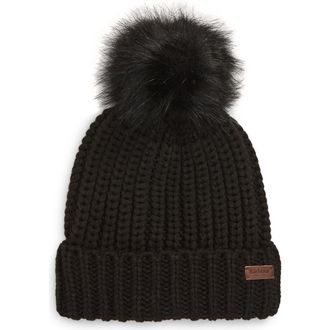 Barbour Saltburn Knit Beanie with Faux Fur Pom in Black at Nordstrom
