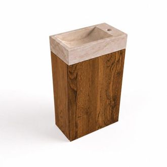 Saniclass Holz Pure Toiletmeubelset - 40x60.5cm - 1 deur - fontein travertine - kraangat rechts - walnut pure