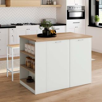 IDMarket Idmarket - Isla Central Tibo 120 Cm En Madera Blanca Con Encimera Efecto Haya