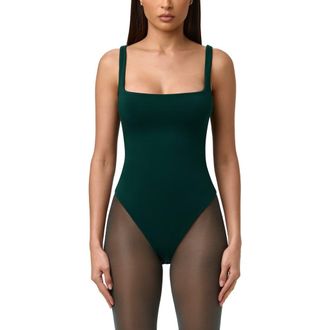 Naked Wardrobe Smooth Square Neck Bodysuit in Pine Green at Nordstrom, Size X-Large