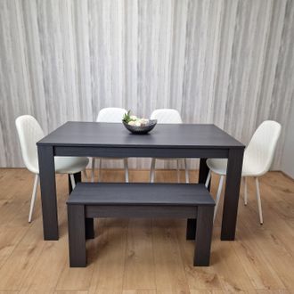 Kosy Koala Grey Dining Table With 1 Bench & 4 Diamond Stitched White Chairs in Dark Grey