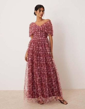 Lace & Beads Vestito lungo color cipria a fiori con fiocco e spalle scoperte in tulle-Blu