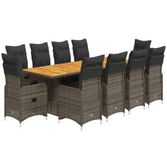 vidaXL Set De Mesa Y Sillas De Jard&iacute;n 11 Pzas Y Cojines Rat&aacute;n Pe Gris Vidaxl