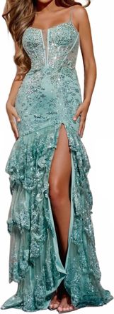 Jovani Spaghetti Strap Beaded Bodice Gown With High Slit In Sage