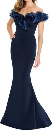 Montage by Mon Cheri Ruffle Neck Off The Shoulder Dress In Navy