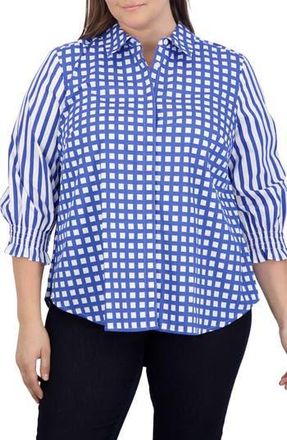 Foxcroft Olivia Gingham Stripe Ruffle Sleeve Button-Up Shirt in Blue/white at Nordstrom Rack, Size 1X